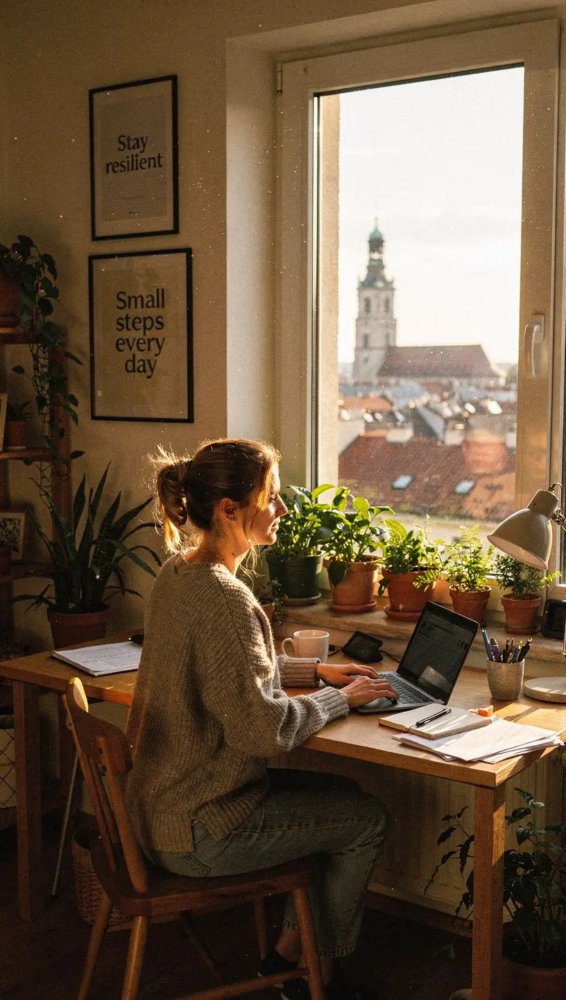 Zdjęcie zdrowego posiłku na biurku, promującego dbanie o dietę w stresujących okresach.